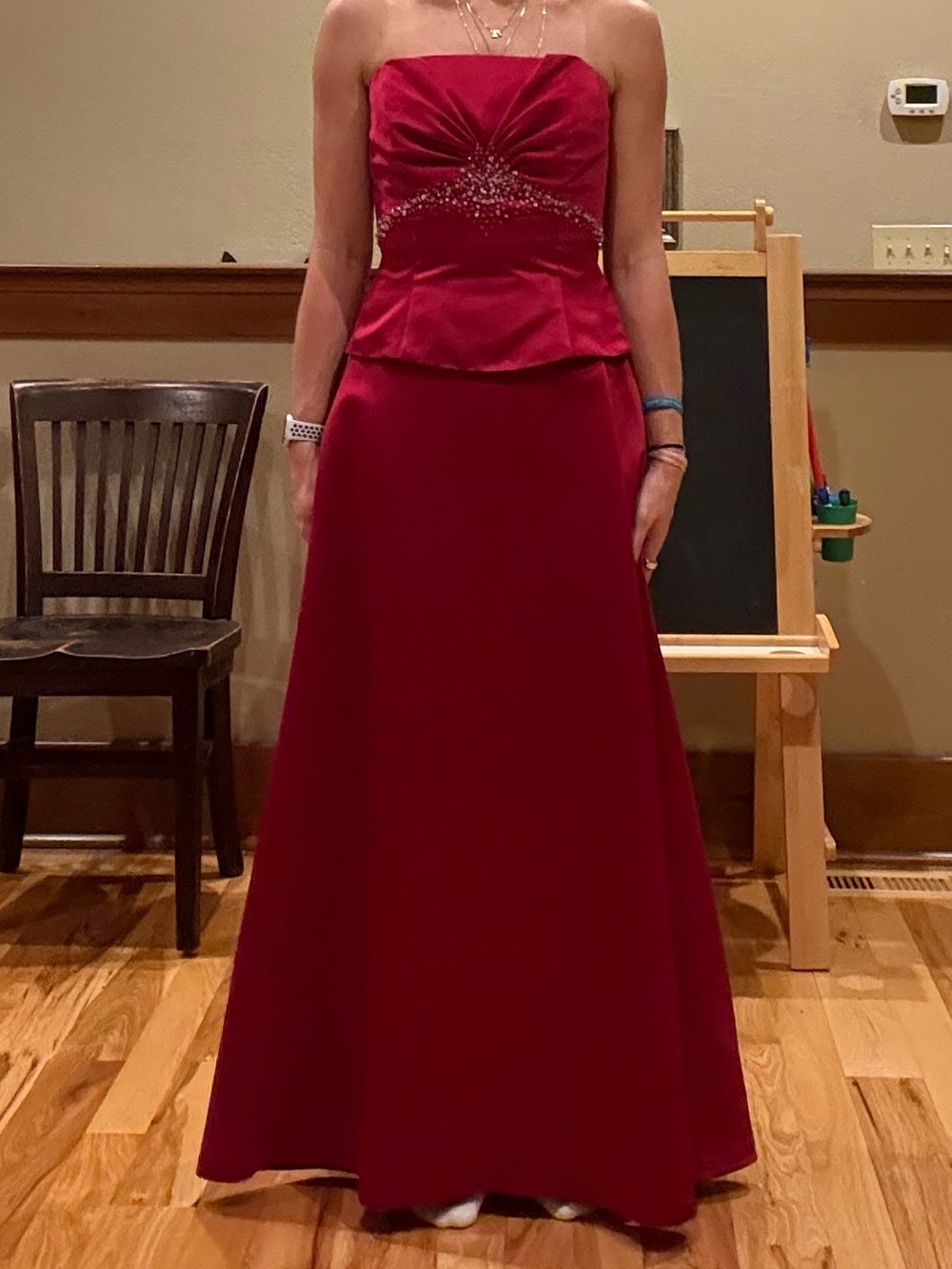 Vintage Y2K Impressions Strapless Ruby Red Prom Gown with Beaded Bodice